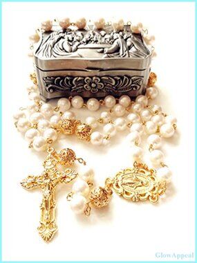 Handmade White Pearl Rose Beads Catholic Rosary Cross Necklace Gift Box